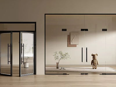 Modern Glass Double Doors with Black Frame in Minimalist Interior and Wooden Floor 3d model
