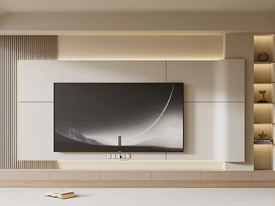 Modern Minimalist TV Wall Design With Wooden Panels Built in Shelves And Ambient Lighting 3d model