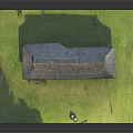 Traditional Wooden House Exterior With Thatched Roof And Green Grass Lawn