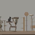 Wooden Cat Trees with Various Platforms and Black Cat Sitting on Top