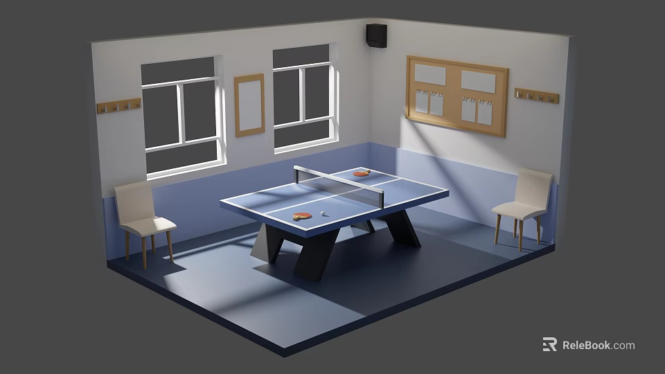 Cartoon Style Room Interior With Ping Pong Table Windows Chairs And Wooden Boards 3d model 