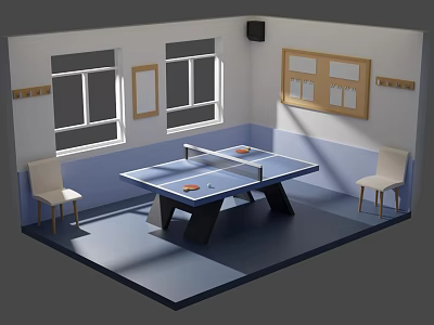 Cartoon Style Room Interior With Ping Pong Table Windows Chairs And Wooden Boards 3d model
