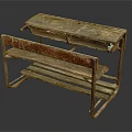 Vintage Wooden Desk With Worn Surface And Metal Frame Structure