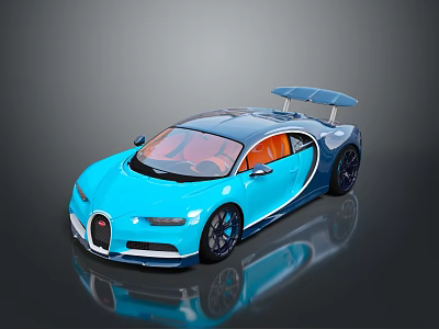 Shiny Blue Bugatti Sports Car Featuring Orange Interior Rear Spoiler Black Wheels And Streamlined Design 3d model