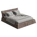 Modern Upholstered Double Bed with Brown Frame Light Gray Bedding and Pillows 3d model