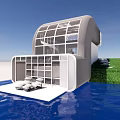 Modern Detached Villa With Honeycomb Exterior Glass Door Entrance And Lawn Stone Path