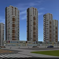 Modern High Rise Residential Buildings Exterior Design With Road And Greenery