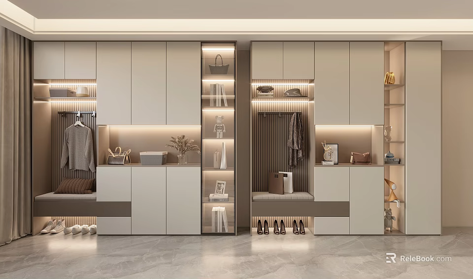 Modern Shoe Cabinet Design With Storage Compartments Hanging Area Bench And Decorative Items 3d model 