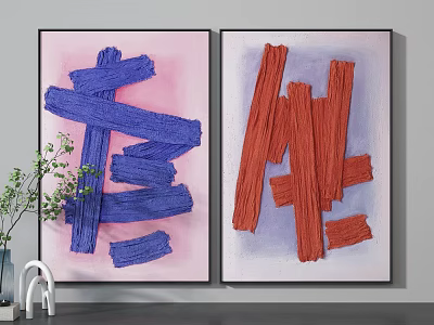 Two Abstract Paintings With Blue Red Brush Strokes On Pink Background And Green Plant Decor 3d model