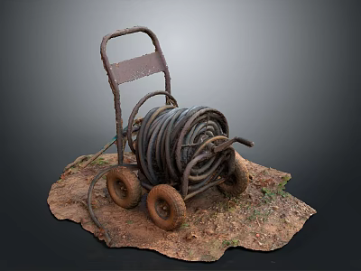 Rusted Garden Cart With Coiled Old Hose On Dirt Surface 3d model