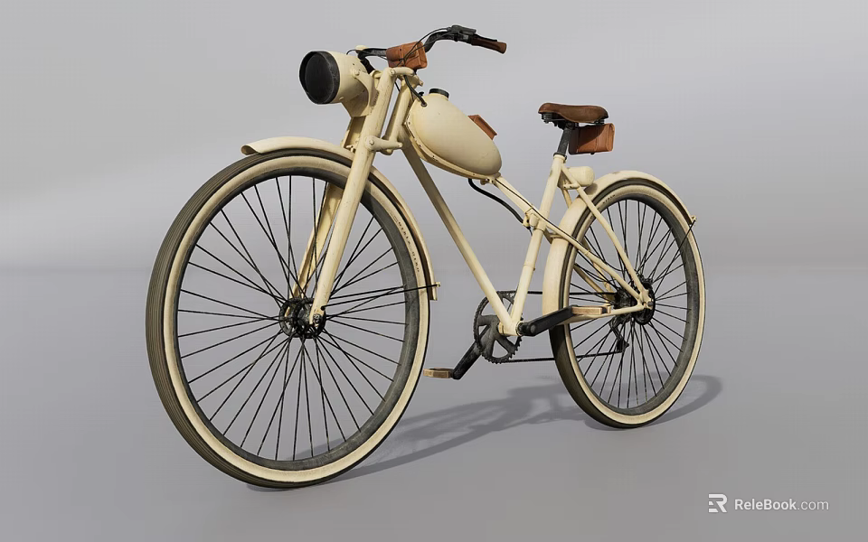 Cream Colored Vintage Bicycle With Brown Seat Front Headlight And Large Wheels 3d model 