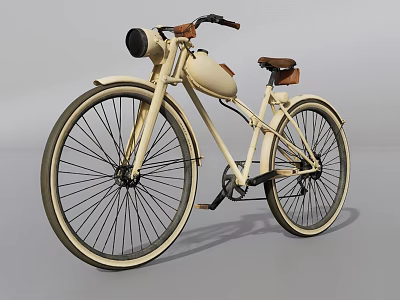 Cream Colored Vintage Bicycle With Brown Seat Front Headlight And Large Wheels 3d model