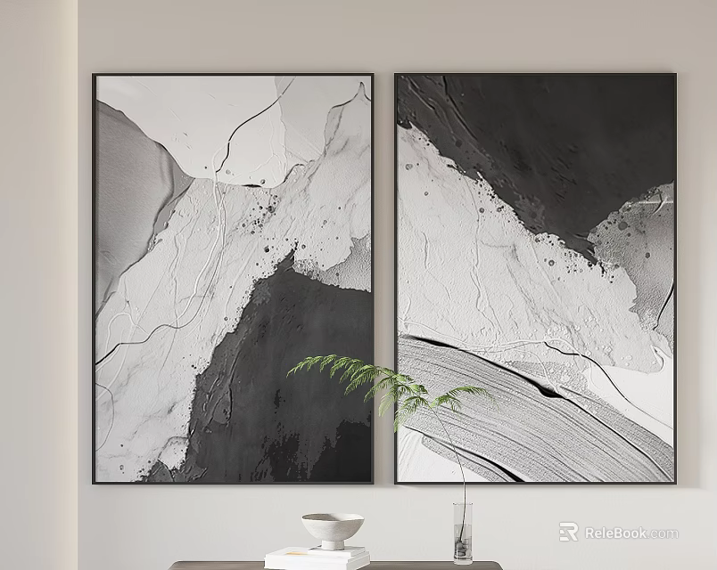 Black and White Abstract Paintings on Wall with Green Plant White Vase and Bowl 3d model 
