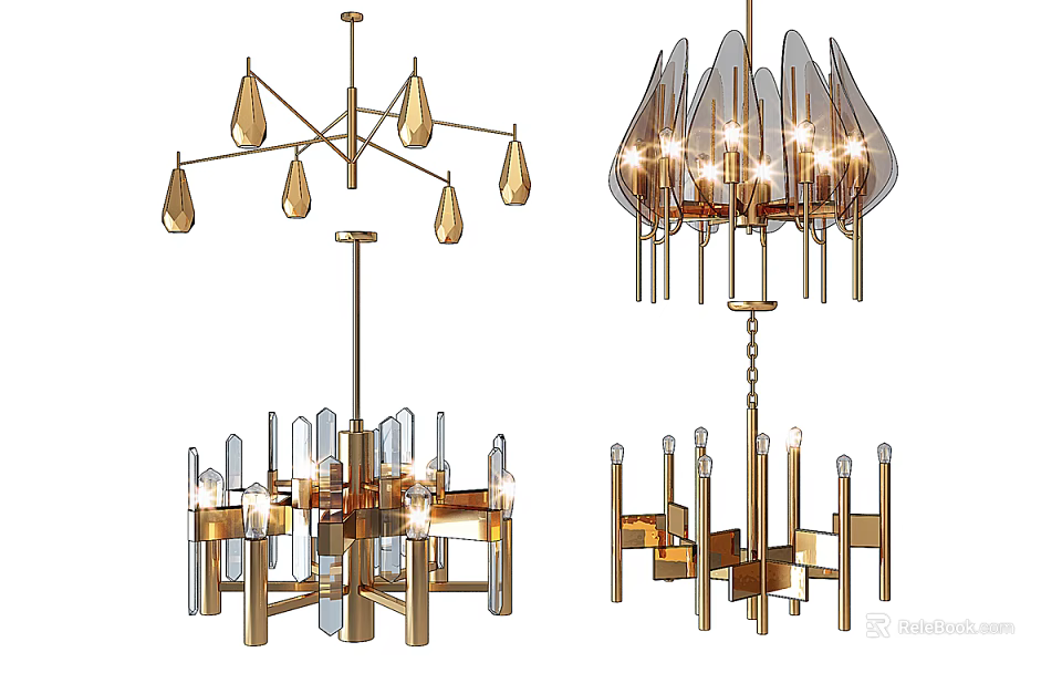 Modern Geometric Chandeliers With Gold Metal Frames And Glass Elements For Interior Lighting 3d model