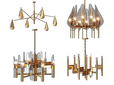 Modern Geometric Chandeliers With Gold Metal Frames And Glass Elements For Interior Lighting 3d model