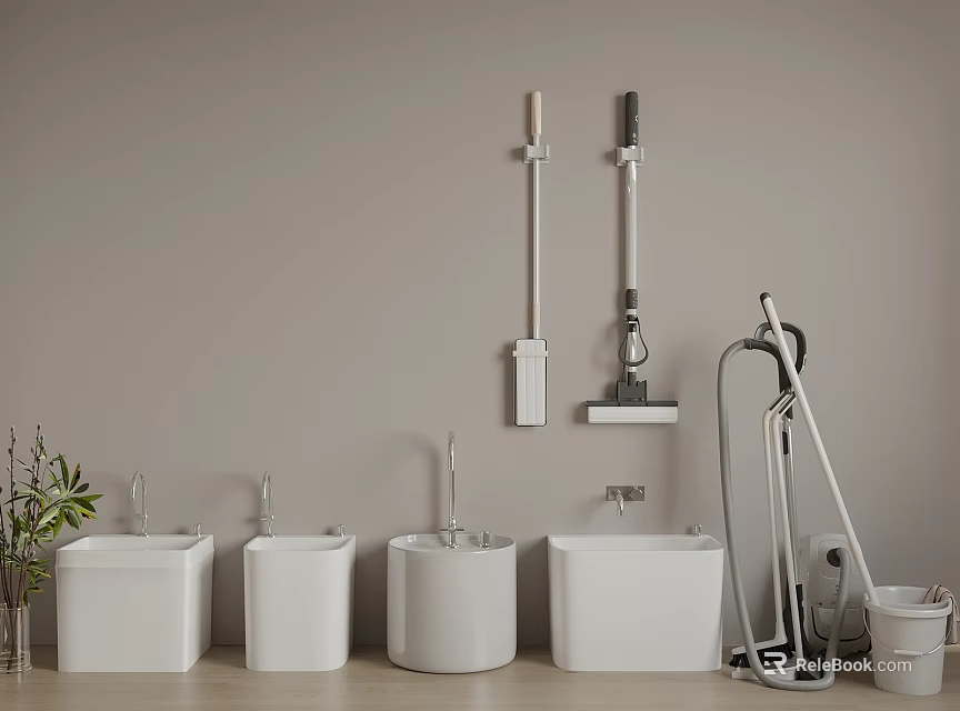 Cleaning Area Equipped With Sinks Mops Vacuum Cleaner And Bucket 3d model 