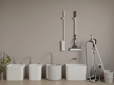 Cleaning Area Equipped With Sinks Mops Vacuum Cleaner And Bucket 3d model