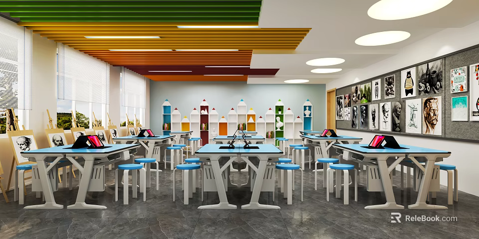 Book Art Classroom With Colorful Ceiling Bookshelves Blue Tables And Wall Art 3d model 