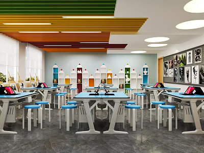Book Art Classroom With Colorful Ceiling Bookshelves Blue Tables And Wall Art 3d model