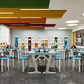 Book Art Classroom With Colorful Ceiling Bookshelves Blue Tables And Wall Art