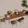 Modern Wooden Dining Table Set With Chairs Potted Plant And Decorative Items On Rug
