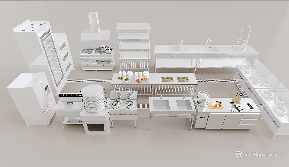 Modern White Kitchen Setup With Essential Appliances Cabinets And Island Counter 3d model