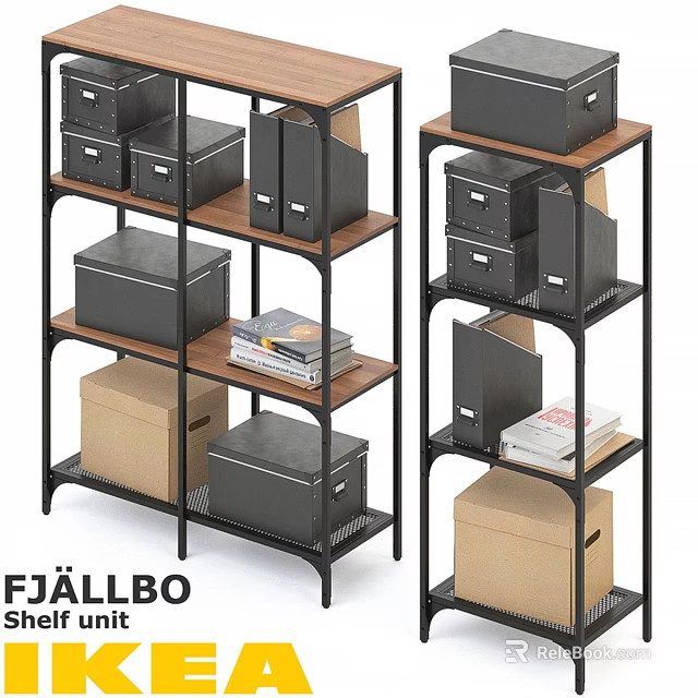 FJÄLLBO Shelving Unit With Black Metal Frame Wooden Shelves Storage Boxes And Books 3d model 