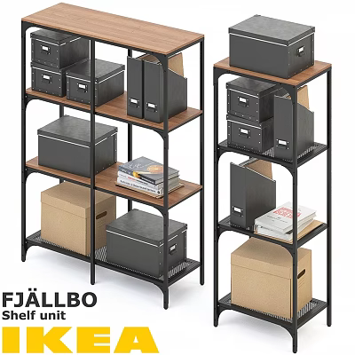 FJÄLLBO Shelving Unit With Black Metal Frame Wooden Shelves Storage Boxes And Books 3d model