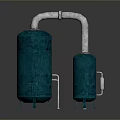 Blue Cylindrical Industrial Equipment With Silver Connecting Pipes And Base Supports