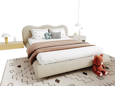 Beige Kids Bed With Decorative Pillows Soft Blanket And Teddy Bear On Geometric Rug 3d model