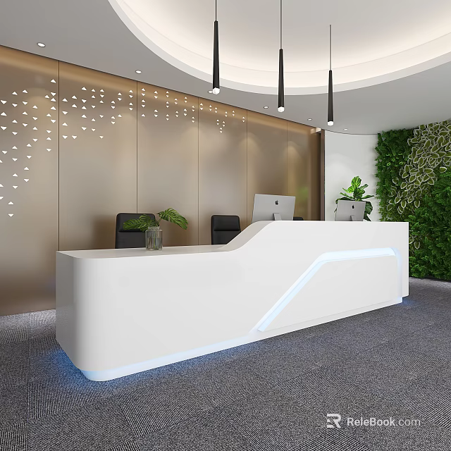 Modern White Reception Desk With Curved Design LED Lighting And Green Plant Wall 3d model 
