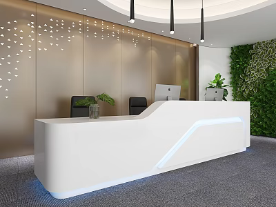 Modern White Reception Desk With Curved Design LED Lighting And Green Plant Wall 3d model