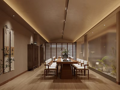 Elegant Clubhouse Interior With Wooden Dining Table Chairs Screen Partitions Wall Paintings And Warm Lighting 3d model