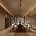 Elegant Clubhouse Interior With Wooden Dining Table Chairs Screen Partitions Wall Paintings And Warm Lighting