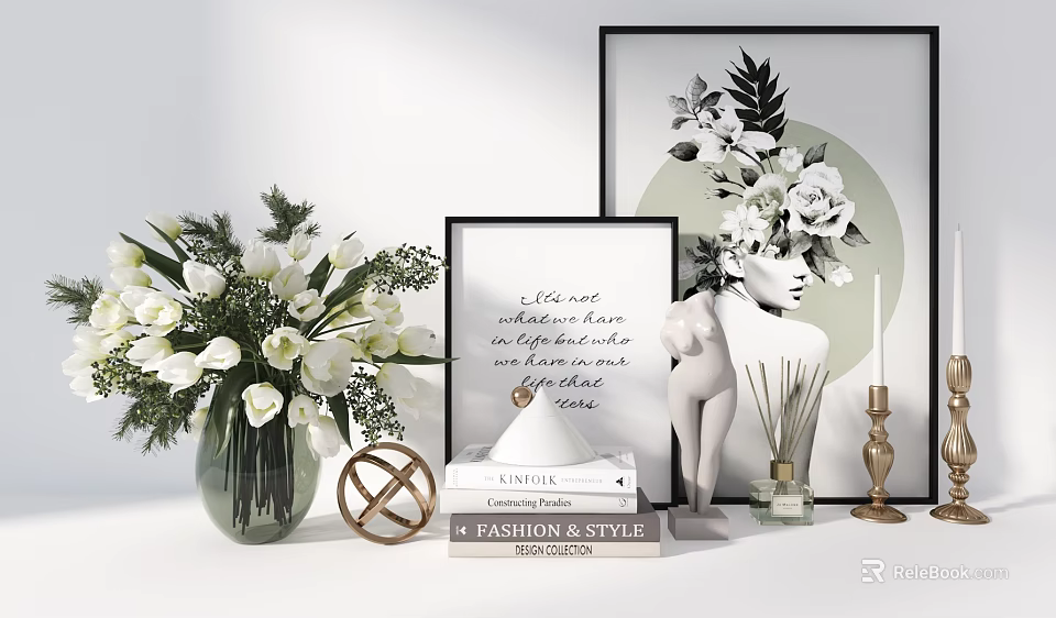 Modern Tabletop Decorative Ornaments Set With Vase Books Sculpture Candle And Framed Art 3d model 