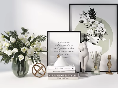 Modern Tabletop Decorative Ornaments Set With Vase Books Sculpture Candle And Framed Art 3d model