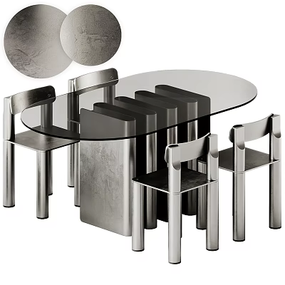 Modern Oval Glass Top Dining Table Set With Four Metal Chairs And Minimalist Design 3d model