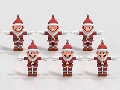 Cartoon Game Movie Characters In Santa Claus Outfits With Red Hats Smiling And Arms Outstretched 3d model