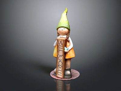 Cute Doll With Green Pointed Hat Holding Welcome Sign And TROY Lettering On Round Base 3d model