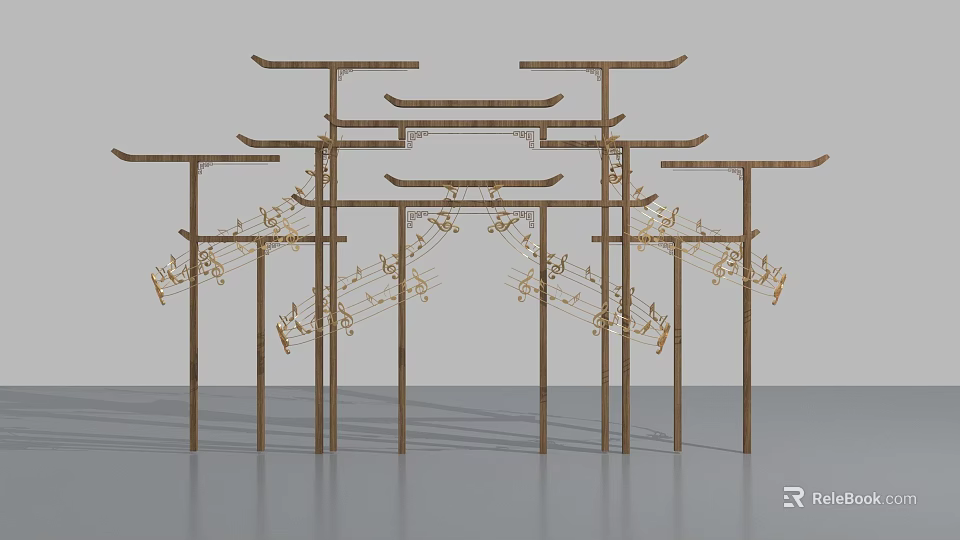 Artistic Wooden Frame Installation With Multiple Layers And Golden Decorative Elements 3d model