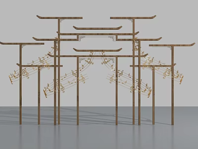 Artistic Wooden Frame Installation With Multiple Layers And Golden Decorative Elements 3d model
