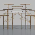 Artistic Wooden Frame Installation With Multiple Layers And Golden Decorative Elements 3d model