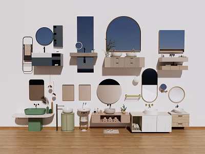 Modern Bathroom Vanity Units With Various Mirror Designs Sinks Storage And Decorative Plants 3d model