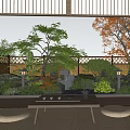 Karesansui Japanese Zen Garden View With Indoor Wooden Table Stone Arrangement Moss And Lanterns
