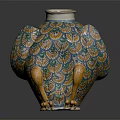 Ceramic Decorative Vase With Peacock Feather Pattern And Yellow Footed Base