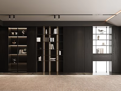Luxury Modern Bookcase With Open Glass Shelves Black Wooden Frame And LED Lighting Design 3d model