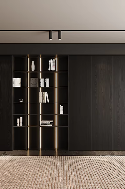 Luxury Modern Bookcase With Open Glass Shelves Black Wooden Frame And LED Lighting Design 3d model