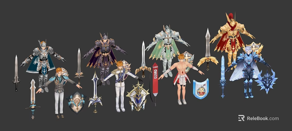 Game Movie Characters With Different Armor Styles Weapons And Shields 3d model 