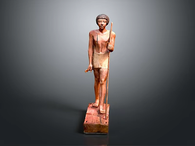 Detailed Ancient Egyptian Style Standing Man Wooden Statue Holding Staff With Base 3d model