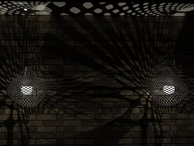 Stylish Net Designed Pendant Lights Casting Radial Shadows In Brick Wall Interior 3d model
